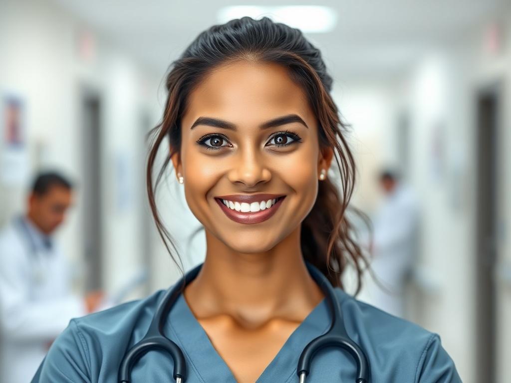 A close-up shot of a confident healthcare professional, dressed in scrubs and a stethoscope around their neck, smiling warmly. The background should be a blurred hospital setting, depicting a clean and modern healthcare environment. The lighting should be bright and inviting, emphasizing the professionalism and approachability of the staff. The image should have a hyper-realistic quality, shot with a 45mm f/1.2 lens to enhance the subject's features.