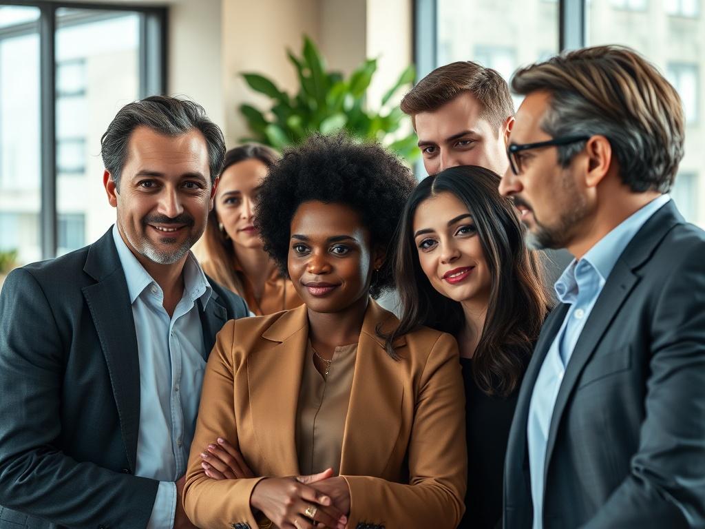 A close-up shot of a diverse group of professionals engaged in a discussion, showcasing a mix of genders and ethnicities. They are in a well-lit office environment, with modern decor and a large window in the background allowing natural light to fill the space. The focus should be on their expressions of collaboration and engagement, highlighting the theme of recruitment and teamwork.