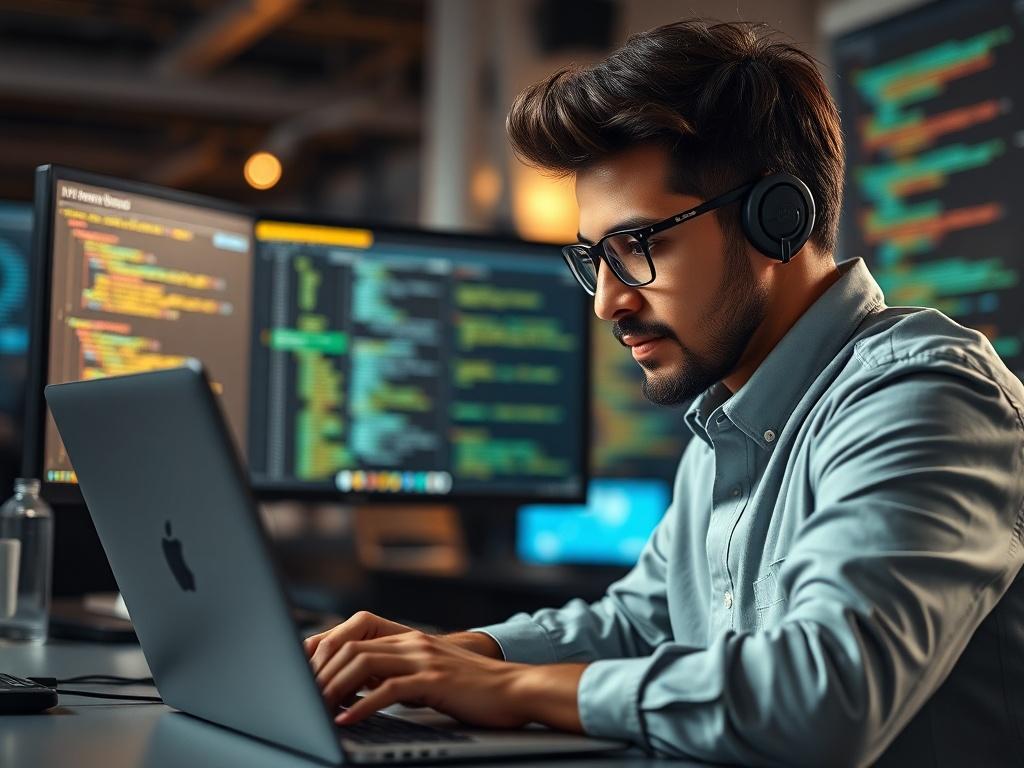 A high resolution close up of a focused IT professional
