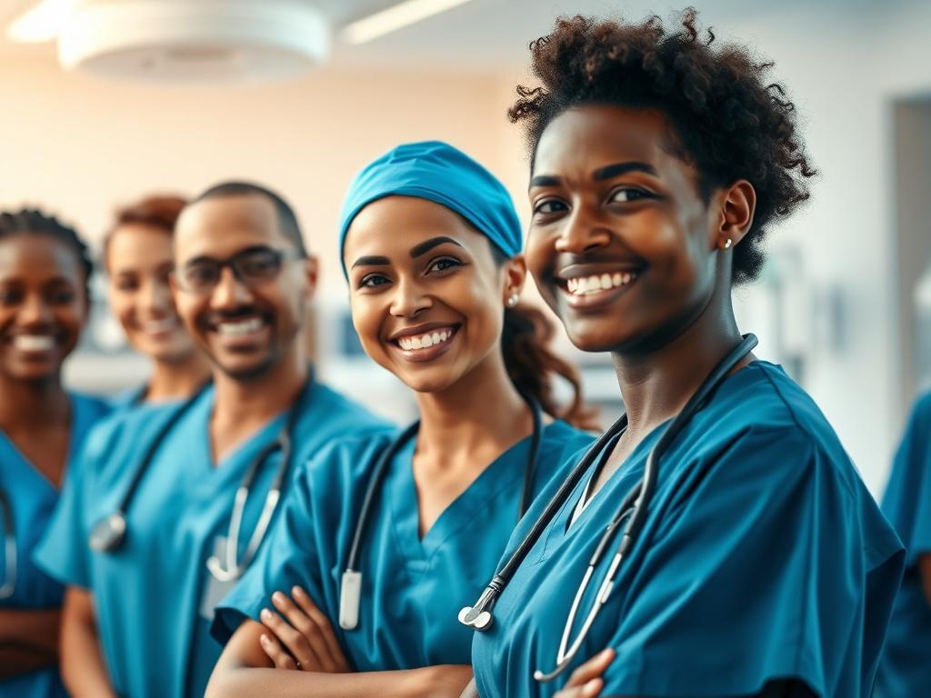 A close up shot of a diverse group of healthcare