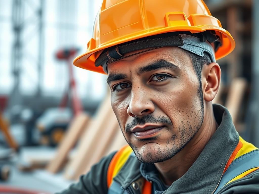 A close-up shot of a skilled construction worker wearing a hard hat and safety gear, actively engaged in a construction site, with equipment and building materials visible in the background.