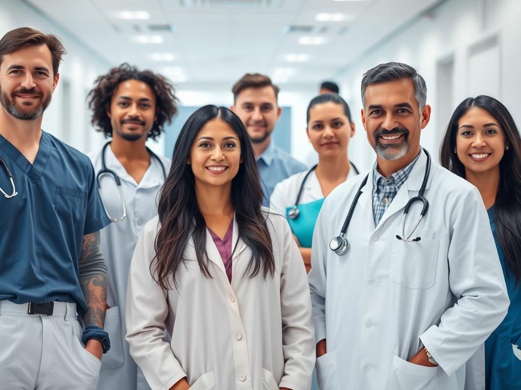 A close-up shot of a diverse group of healthcare professionals, including a doctor and a nurse, standing confidently in a modern hospital setting, with bright lighting and a clean background.