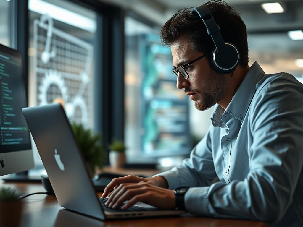 A close-up shot of an IT professional working intently on a laptop in a modern office environment, with a focus on coding or digital design elements in the background.