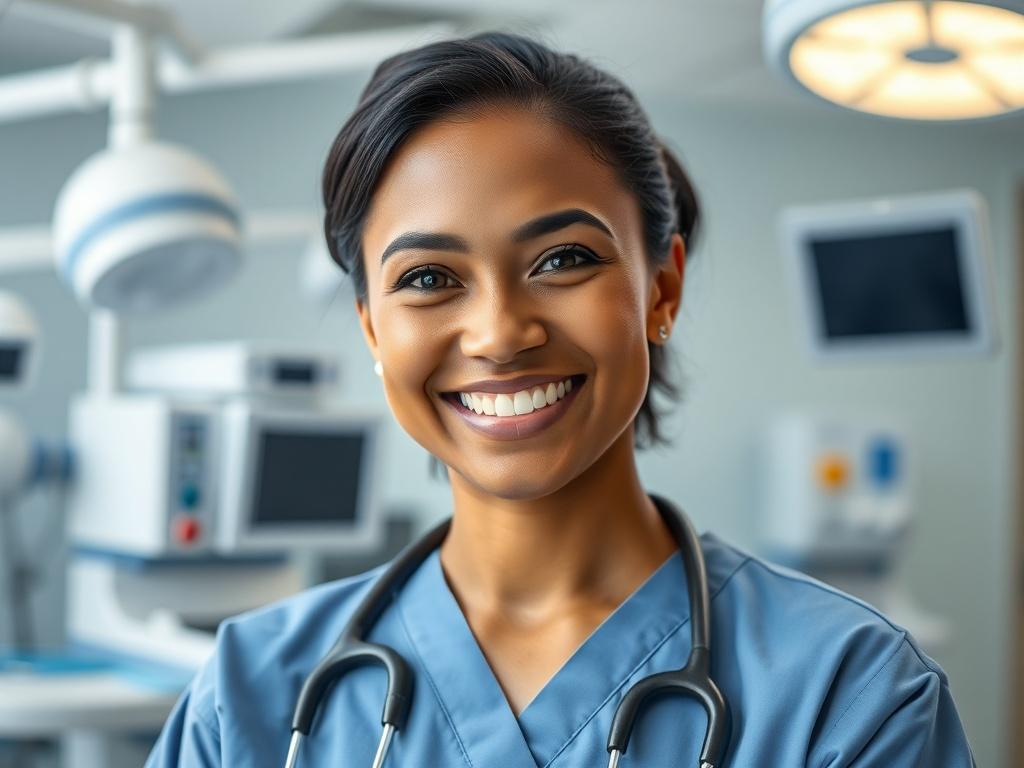 A close-up shot of a healthcare professional in scrubs, smiling confidently, in a hospital setting. The background shows medical equipment and a bright, welcoming environment. The subject should be well-lit, showcasing professionalism and approachability.