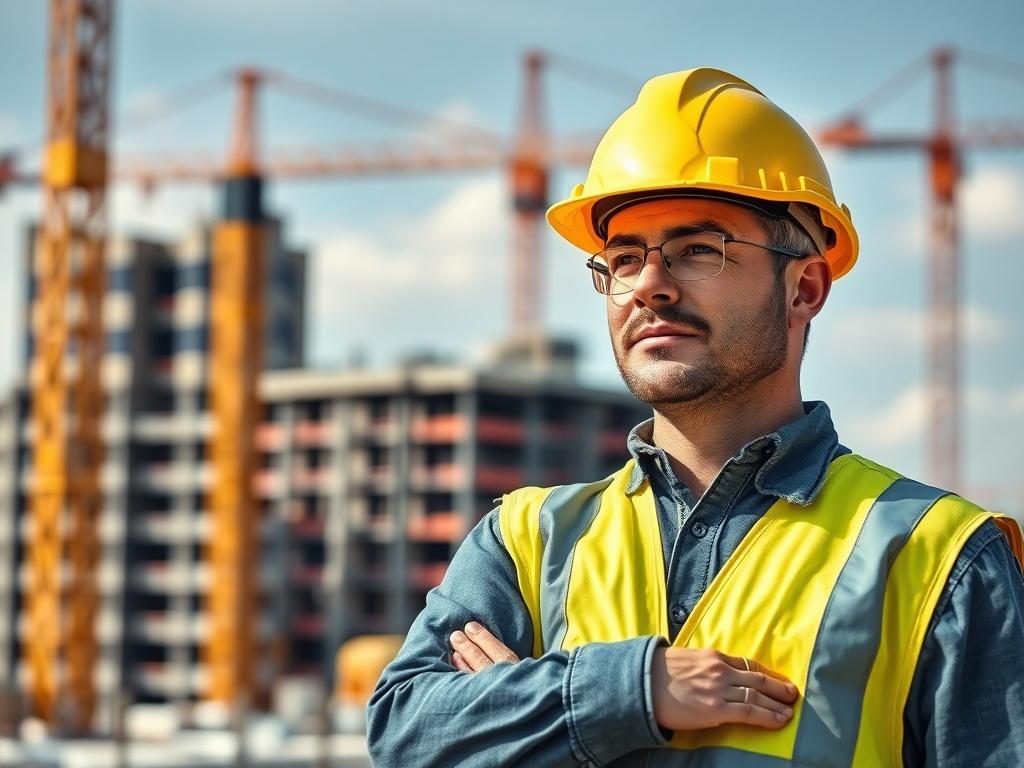 A construction worker in safety gear, confidently surveying a construction site. The background includes cranes and building structures, symbolizing progress and teamwork. The focus should be on the worker's determination and professionalism.