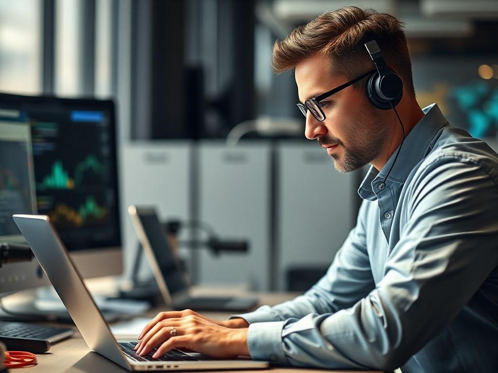 A professional IT consultant working on a laptop, deep in thought in a modern workspace. The background features tech gadgets and a sleek design, conveying a sense of innovation and expertise. The image should focus on the consultant's engaged expression.