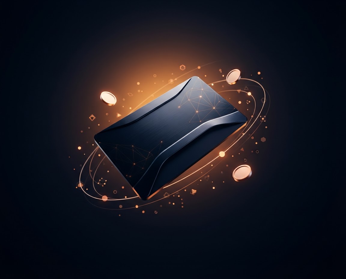 A glowing wallet device surrounded by warm light trails