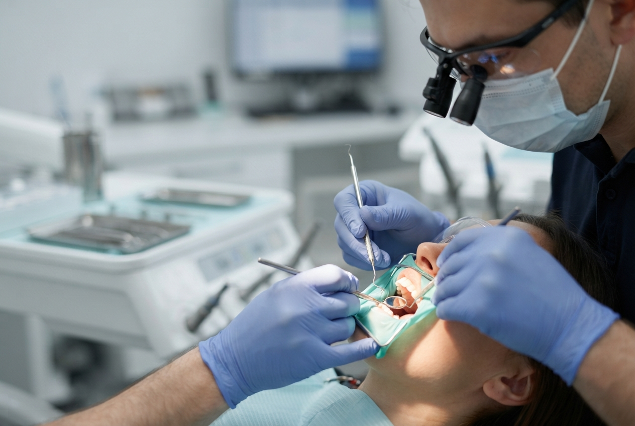 Dentist performing root canal treatment with professional equipment