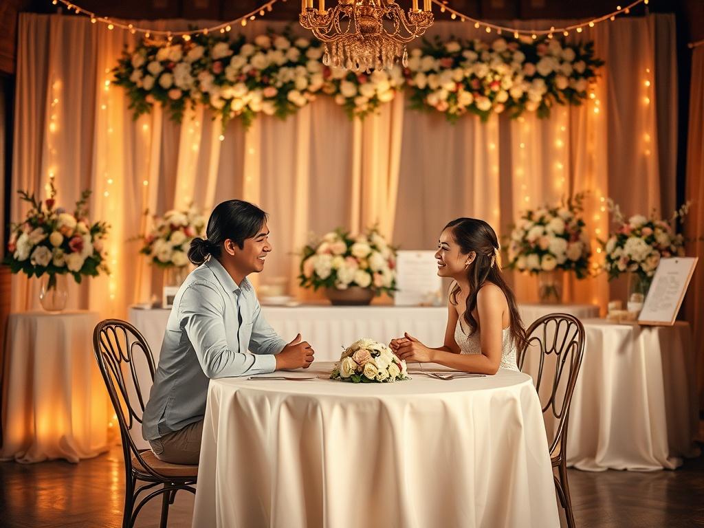 A serene wedding planning scene with a couple sitting at