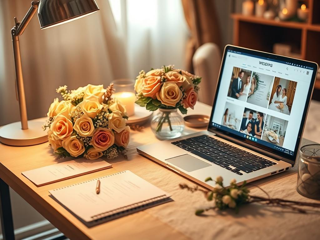 A serene wedding planner's desk with elegant stationery, a beautiful