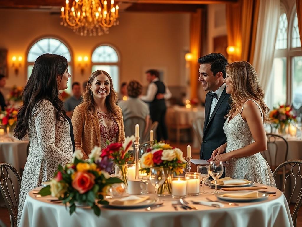A joyful couple meeting with wedding vendors at a beautifully