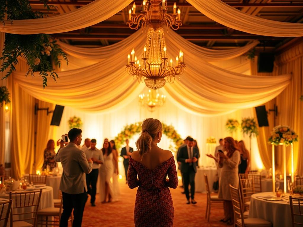 A vibrant wedding scene with a planner overseeing the event