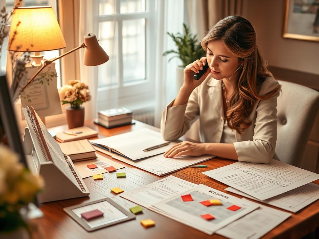 A wedding planner on the phone, discussing details with a