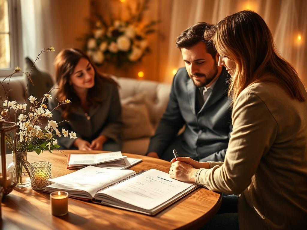 A cozy setting with a couple discussing their wedding plans