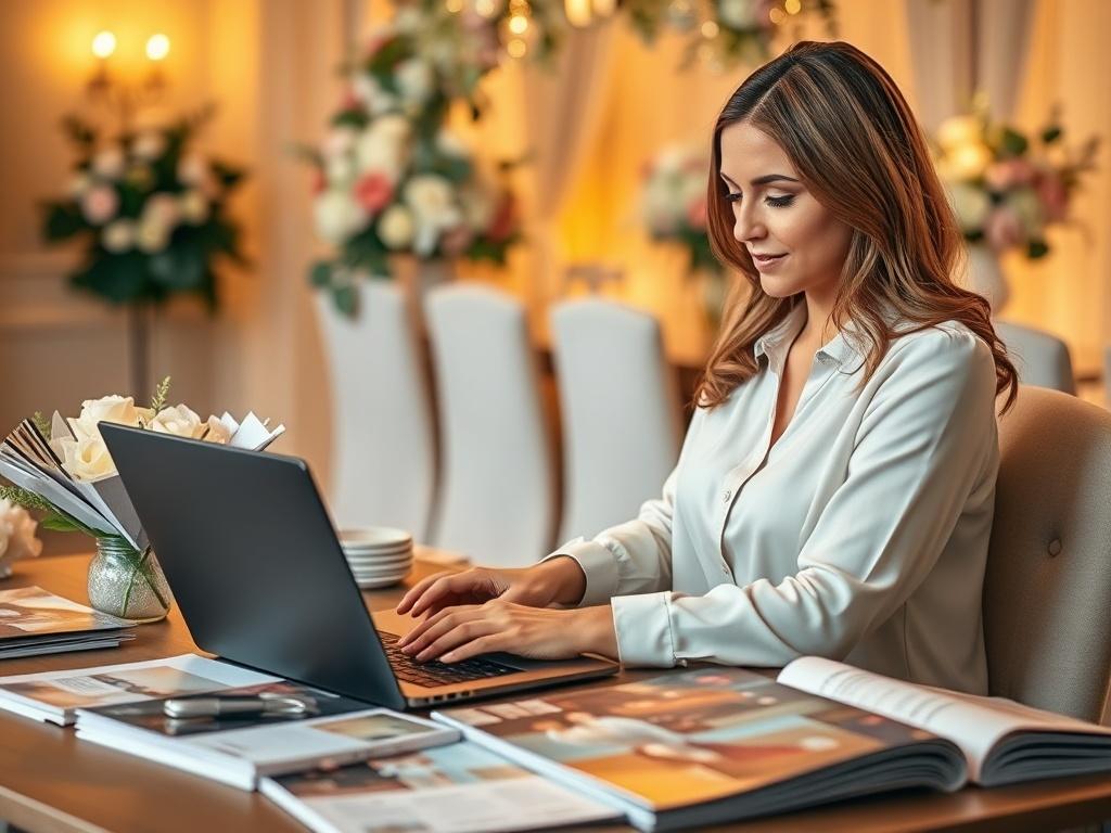 A wedding planner working on a laptop, surrounded by wedding