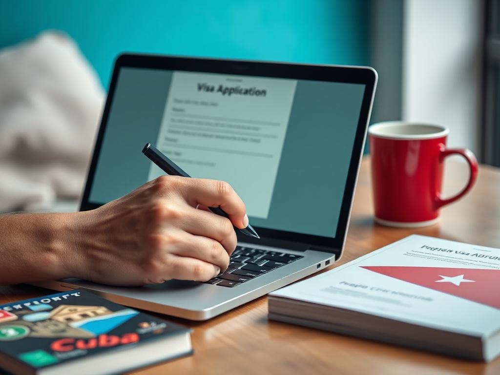 A close-up shot of a person filling out an online visa application form on a laptop, with a travel guidebook and a coffee cup beside it. The background should be softly blurred to emphasize the application process, creating a sense of focus and preparation for a trip to Cuba.