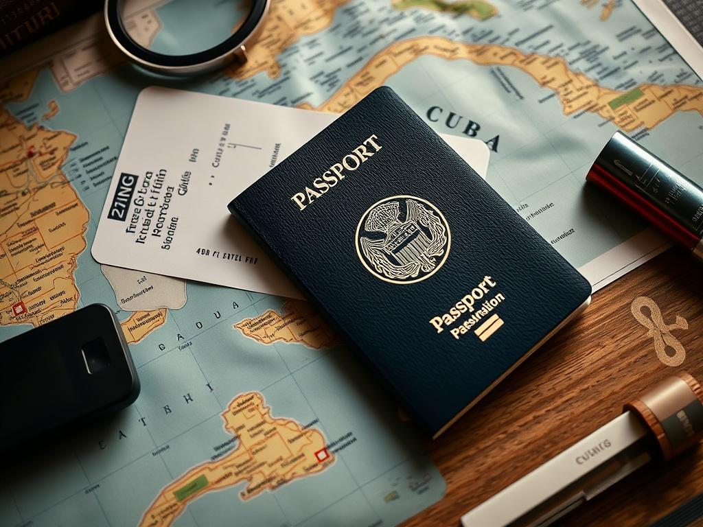 A close-up shot of a travel-related items like a passport, a boarding pass, and a Cuban map, arranged neatly on a table. The image should evoke a sense of adventure and travel planning, with warm lighting to create an inviting atmosphere.