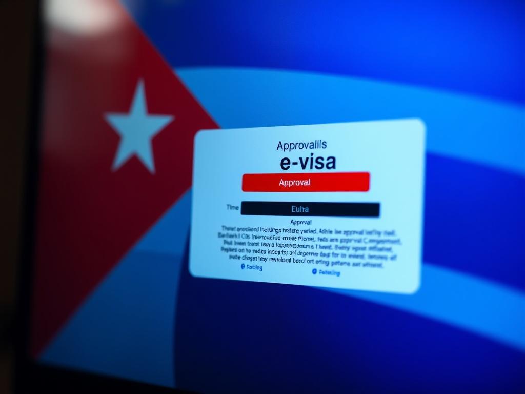 A close-up shot of a digital screen showing an e-visa approval notification with a Cuban flag in the background. The image should convey speed and efficiency, with a warm and inviting atmosphere. The focus should be on the screen, capturing the details of the approval notification clearly and vibrantly.