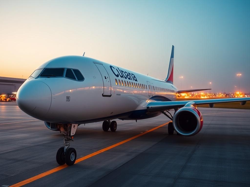 **Prompt for AI Image Generation:**

Create a hyper-realistic high-resolution photograph that captures the essence of travel between Germany and Cuba in 2026. The composition should feature a single subject: an airplane, specifically a modern passenger aircraft, perched on the tarmac of an international airport with a clear blue sky in the background. The airplane should prominently display the markings of Cubana Airlines, symbolizing the direct flight connections from Frankfurt to Havana.

The background s