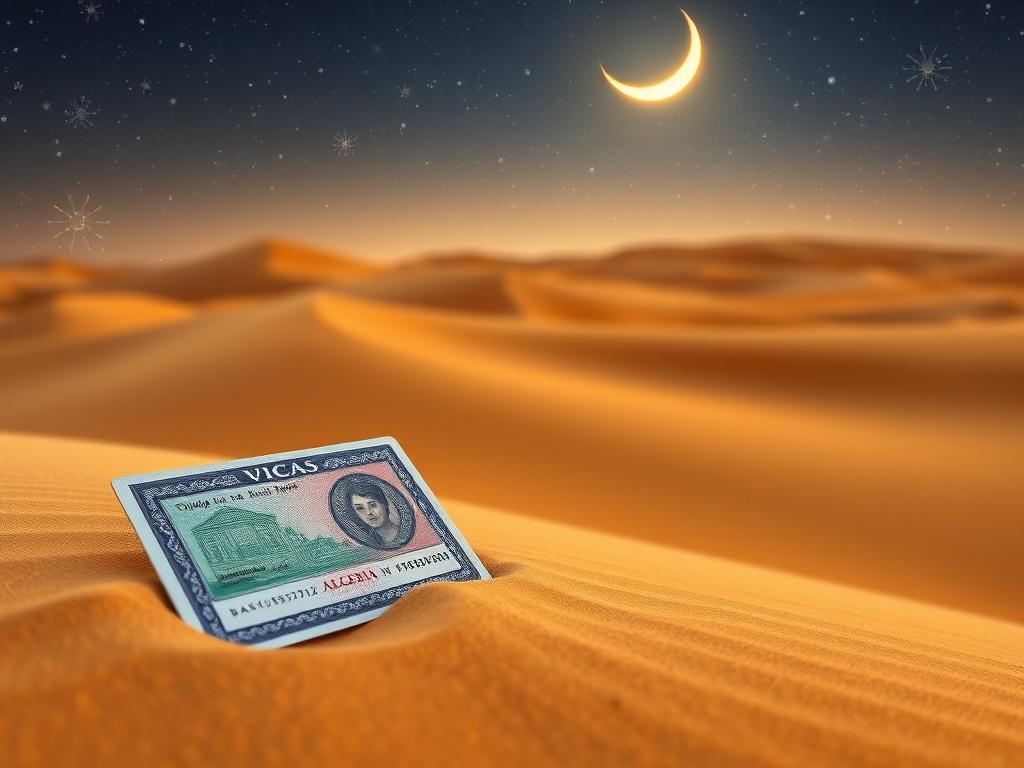Create a realistic high-resolution image that captures the essence of Algeria’s natural beauty, focusing on the theme of travel and visa documentation. The composition should be simple and clear, featuring a single, captivating subject: a colorful, intricately designed traditional Algerian visa document placed gently on the golden sands of a vast desert. 

In the background, include soft, undulating sand dunes that create a sense of depth and vastness, with a breathtaking starry night sky above, illuminated