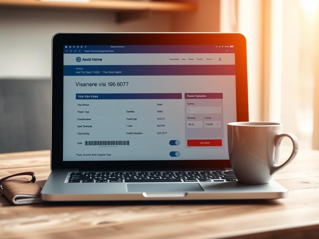 A close-up shot of a modern digital visa application interface on a laptop screen, with a clear view of the visa details and a coffee cup beside it. The background is softly blurred to maintain focus on the laptop. The color scheme incorporates warm tones, particularly rgb(175, 137, 70), to evoke a welcoming atmosphere.