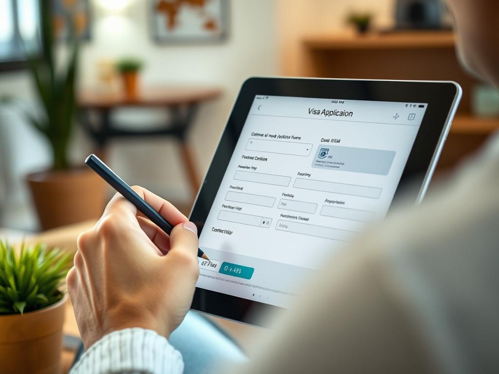 A realistic close-up of a person filling out a digital visa application on a tablet, with a cozy workspace in the background. The focus is on the tablet screen displaying the application form. The colors are warm, emphasizing rgb(175, 137, 70) to create an inviting and professional atmosphere.