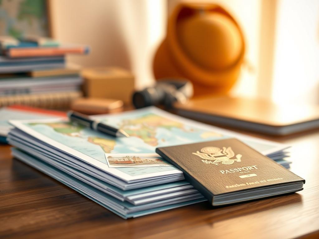 An image of a stack of travel documents and a passport on a desk, symbolizing the journey ahead. The focus is on the documents with a warm, inviting background. The overall color palette should align with rgb(175, 137, 70) to create an appealing visual representation of travel planning.
