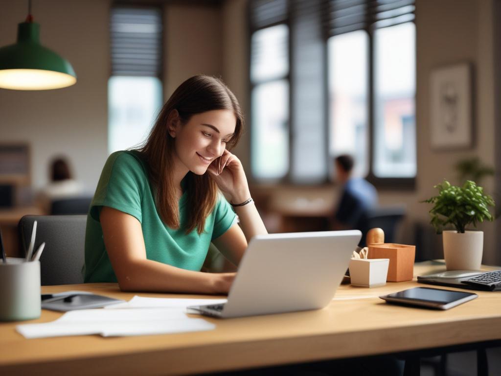high resolution of a cheerful person sitting at a desk,