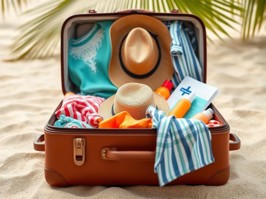 Create a realistic, high-resolution photograph that encapsulates the essence of travel preparation for Cuba. The image should feature a single, well-packed suitcase positioned prominently in the center of the frame. The suitcase should be open, showcasing a vibrant array of Cuban essentials, such as beachwear, a straw hat, sunscreen, and travel documents. 

In the background, include subtle hints of tropical elements, like palm leaves and soft, sandy textures, to evoke a sense of the Cuban landscape. The co
