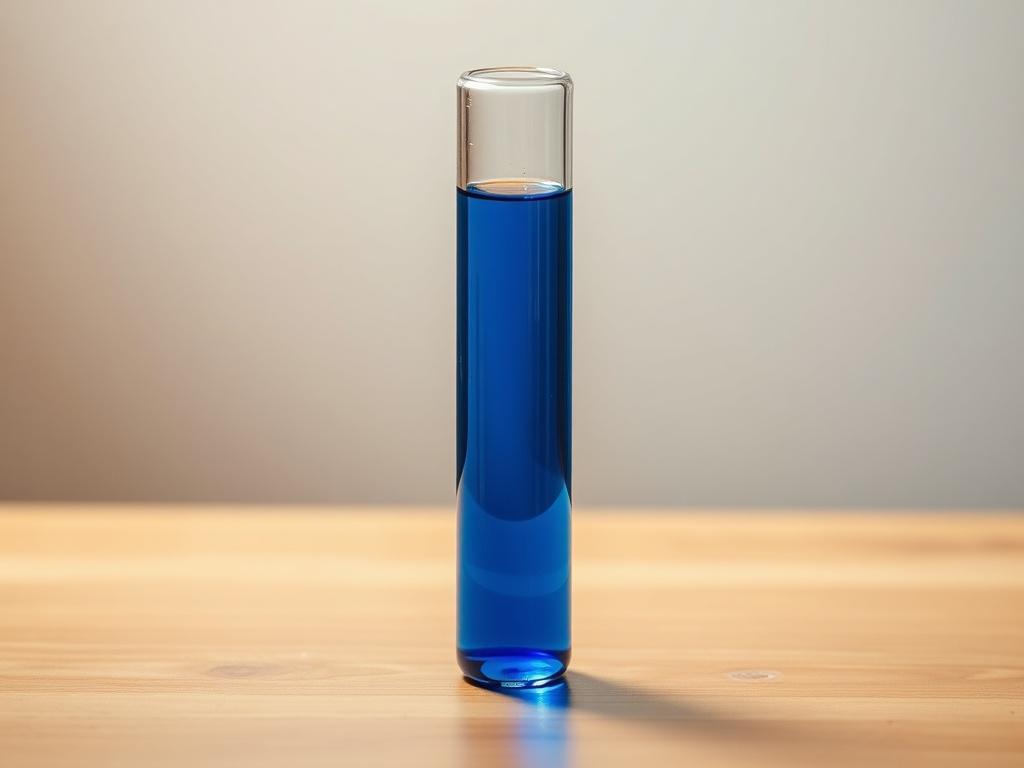 Create a highly detailed, realistic high-resolution photo with a simple and clear composition focused on a single subject: a classic laboratory test tube. The test tube should be transparent, filled with a vibrant blue liquid that catches the light, and positioned upright on a polished wooden surface. 

The background should be softly blurred to emphasize the test tube, featuring a gradient from a warm light cream color at the top to a muted gray at the bottom, creating a calming and professional atmosphere