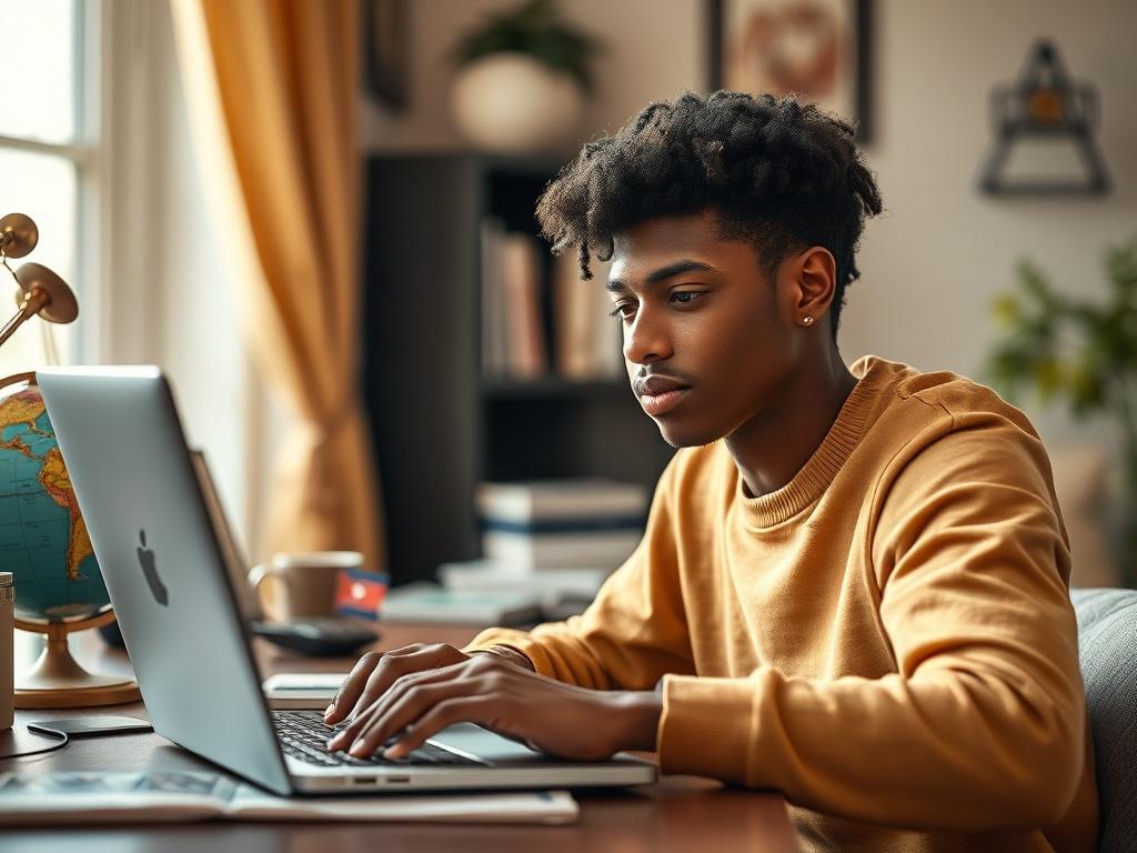 **Prompt for AI Image Generation:**

Create a realistic high-resolution photo that captures the essence of "Cuba eVisa." The image should feature a close-up shot of a person engaged in the online application process for an electronic visa on their laptop. The subject should be a young adult of mixed descent, confidently focused on the screen, with a look of determination and anticipation. They should ideally be sitting at a cozy desk adorned with a few travel-related items, such as a globe, a travel brochur