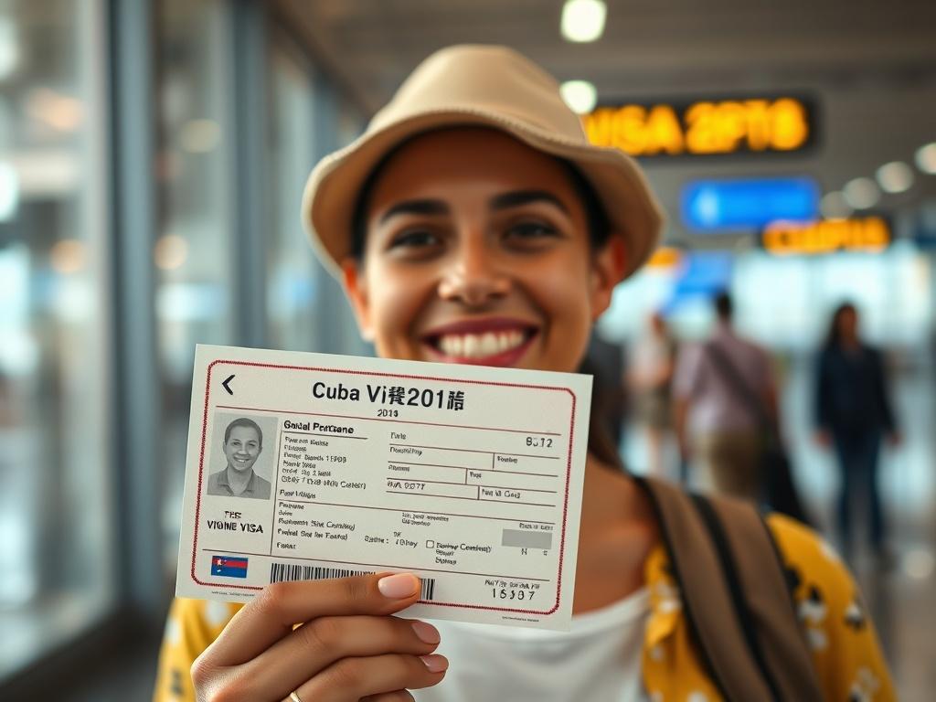 A close-up shot of a happy traveler holding their Cuba visa at an airport, with a warm and inviting background that hints at tropical destinations. The traveler is smiling, showcasing excitement and relief, and the focus is on the visa document in their hand. The composition should be simple and clear, with a soft blur effect on the background to emphasize the traveler. The color palette should include elements that match the rgb(193, 153, 87) primary color.