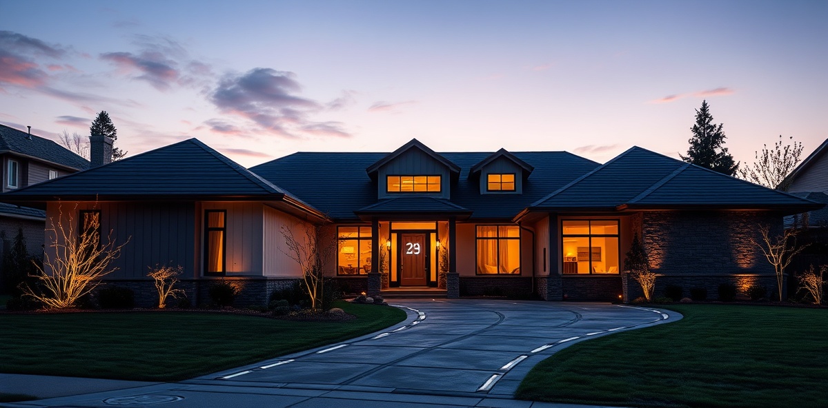 Suburban tech home exterior at dusk with LED lighting