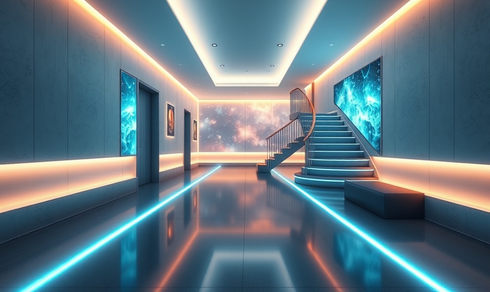 Modern foyer with LED accent strips and holographic wall panels