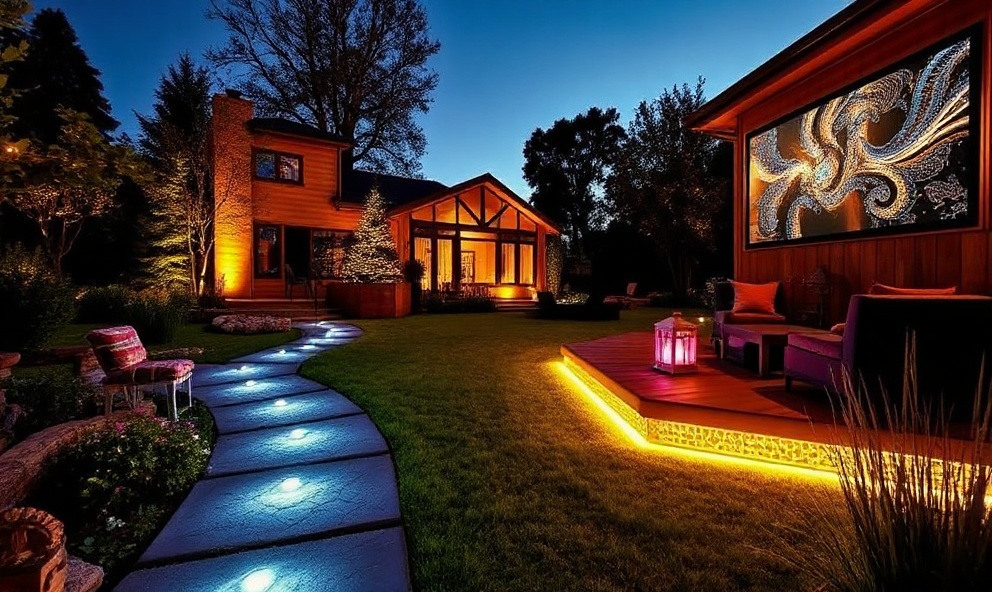 Evening garden with LED pathway lights and holographic panels
