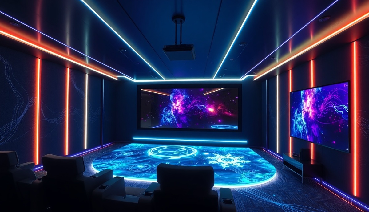 Premium entertainment room with LED strips and holographic display wall