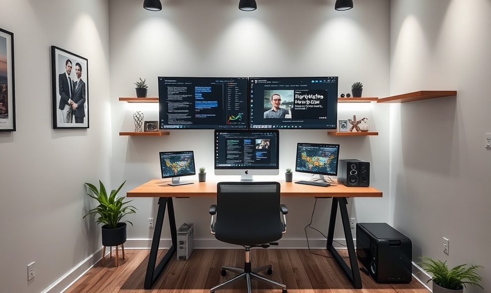 Professional home office with holographic monitors and LED task lighting