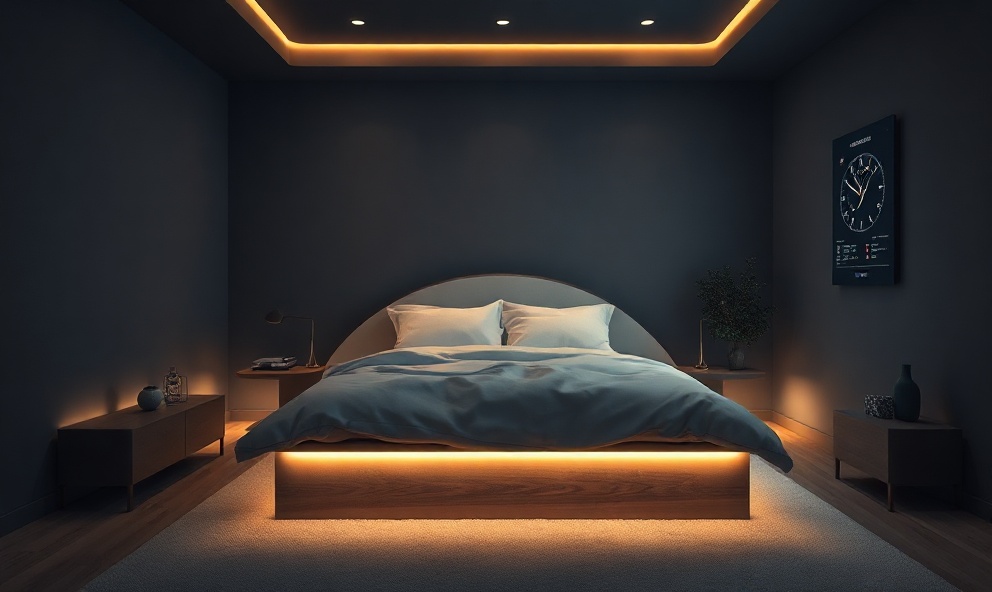 Serene bedroom with LED cove lighting and holographic panels