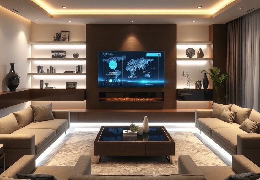 Luxury living room with LED backlighting and holographic display