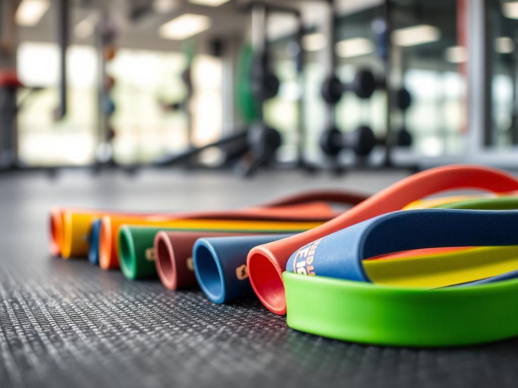 A close up shot of colorful fitness resistance bands laid