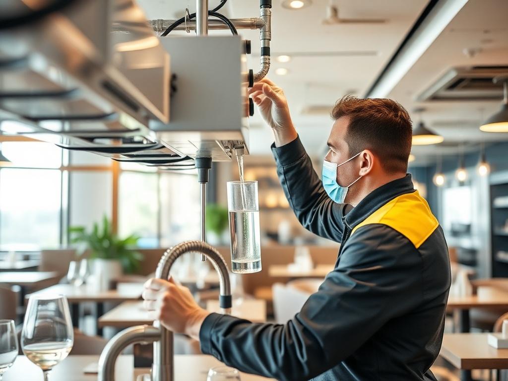 A high resolution image of a technician installing a water