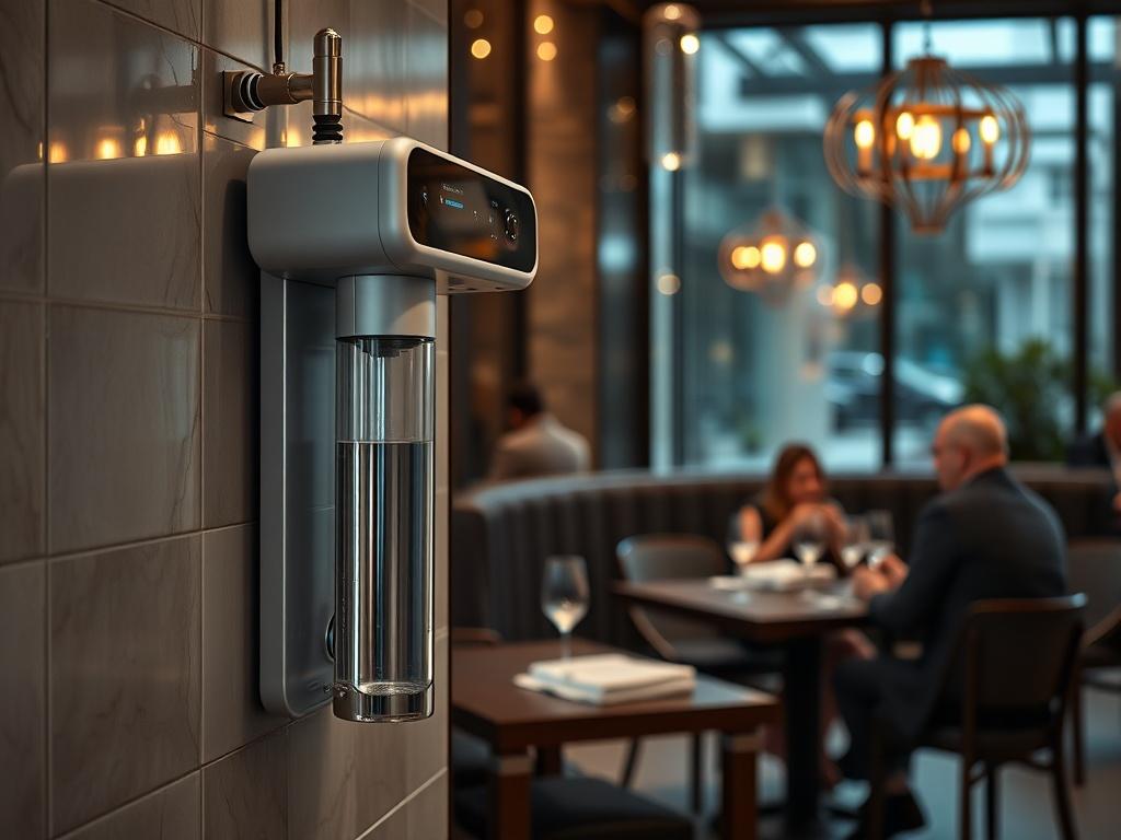 A sleek water purification system installed in a chic restaurant
