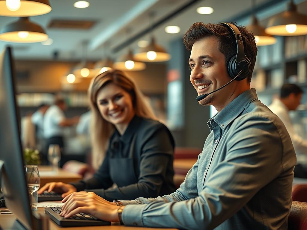 A friendly customer support representative assisting a restaurant manager over