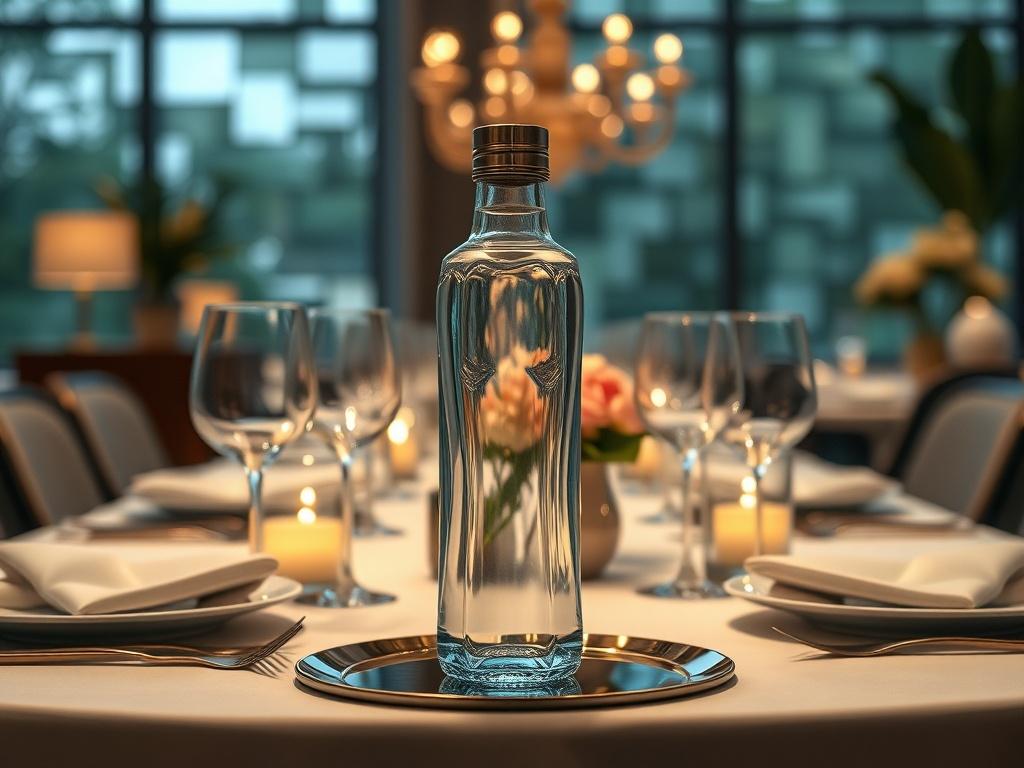 An elegantly designed water bottle displayed on a beautifully set