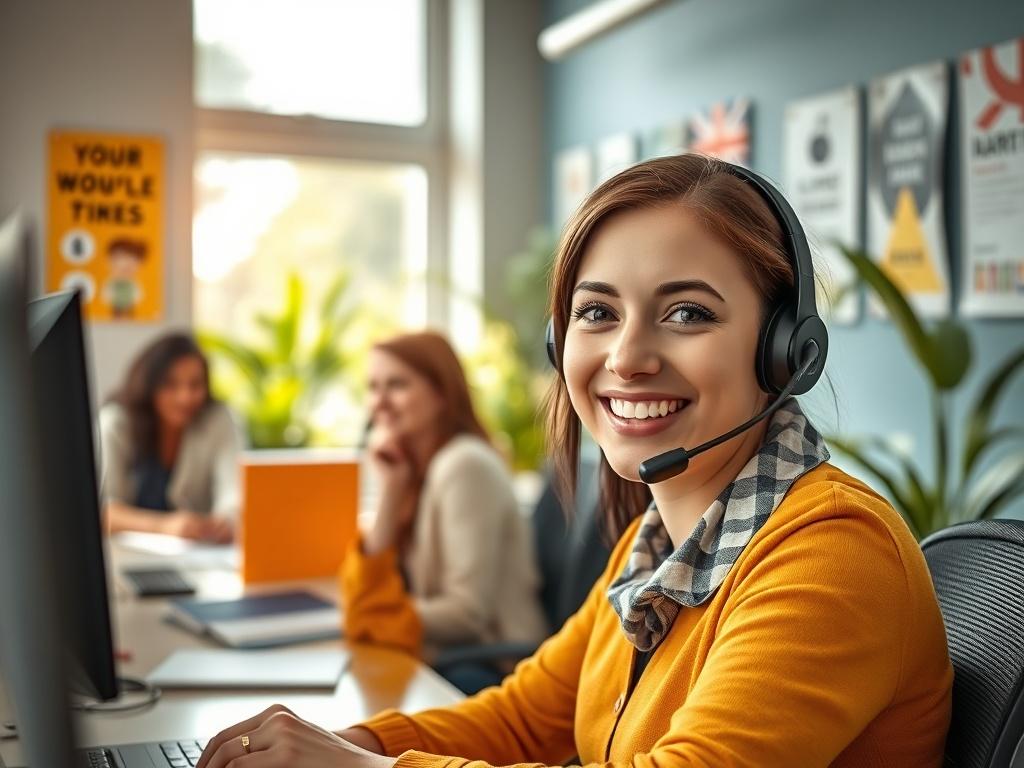 A small, friendly call center environment featuring a few desks with cheerful staff members engaged in phone conversations. The setting should have bright, welcoming colors, natural light coming in from large windows, and motivational posters on the walls. The focus should be on a smiling representative speaking with a headset, conveying a sense of warmth and approachability. The background should subtly showcase a few plants to enhance the inviting atmosphere.