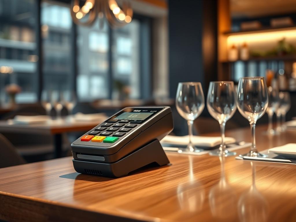 A sleek, modern restaurant interior featuring a stylish card payment terminal on a polished wooden table. The scene should include elegantly set dining plates and glasses in the background, showcasing an inviting atmosphere. The focus should be on the card payment terminal, emphasizing its design and usability. The lighting should be warm and welcoming, enhancing the overall aesthetic of the restaurant setting.