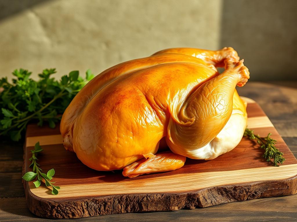 A whole free range chicken placed on a rustic wooden