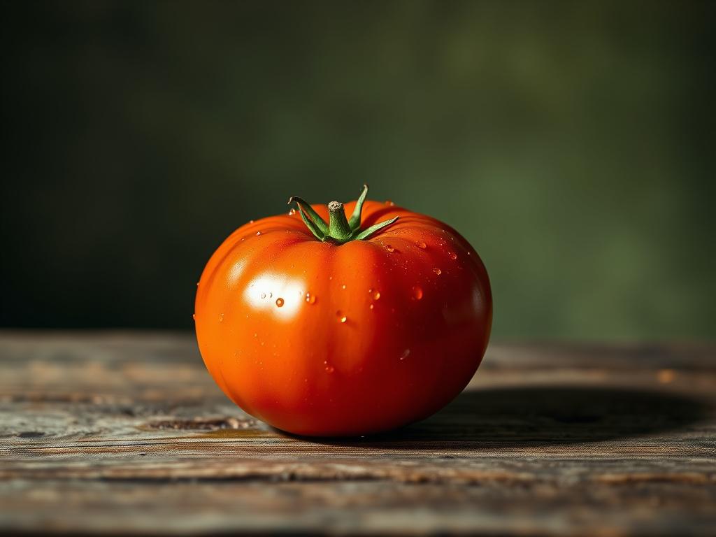 A single, plump organic tomato resting on a rustic wooden