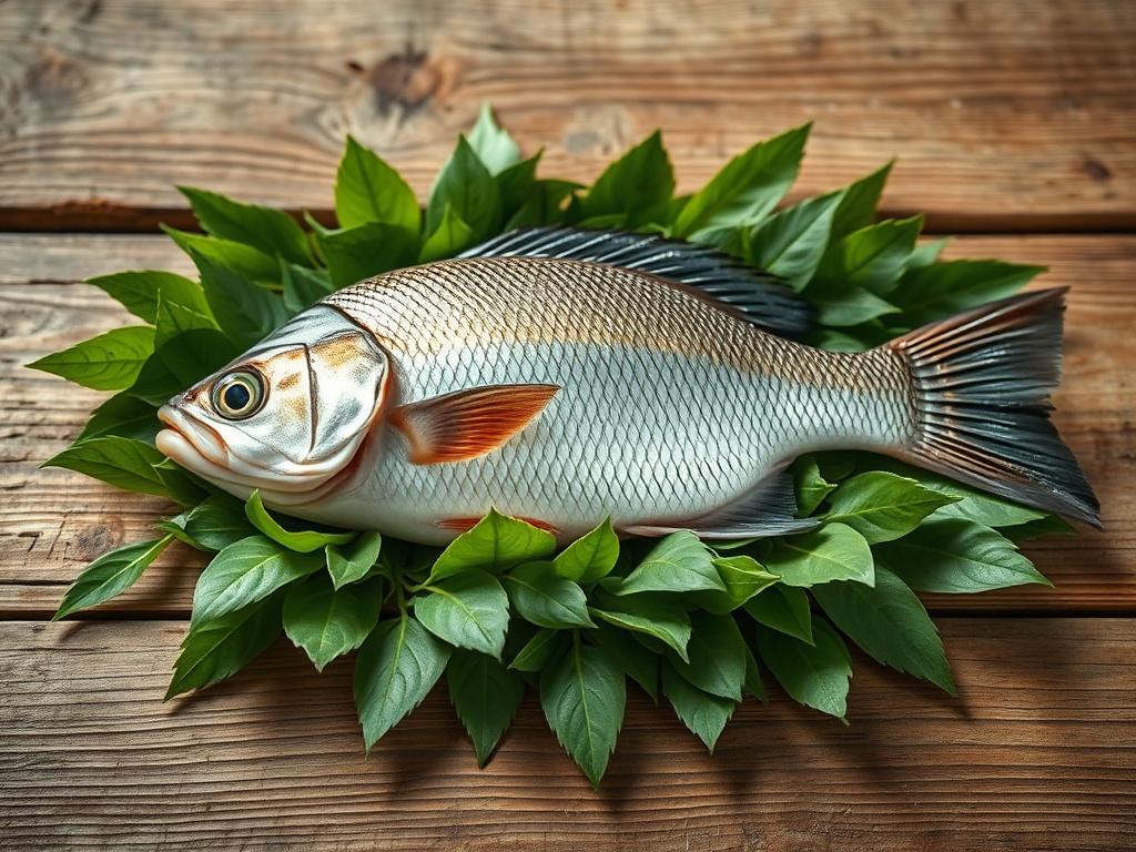 A fresh whole Tilapia fish displayed on a bed of