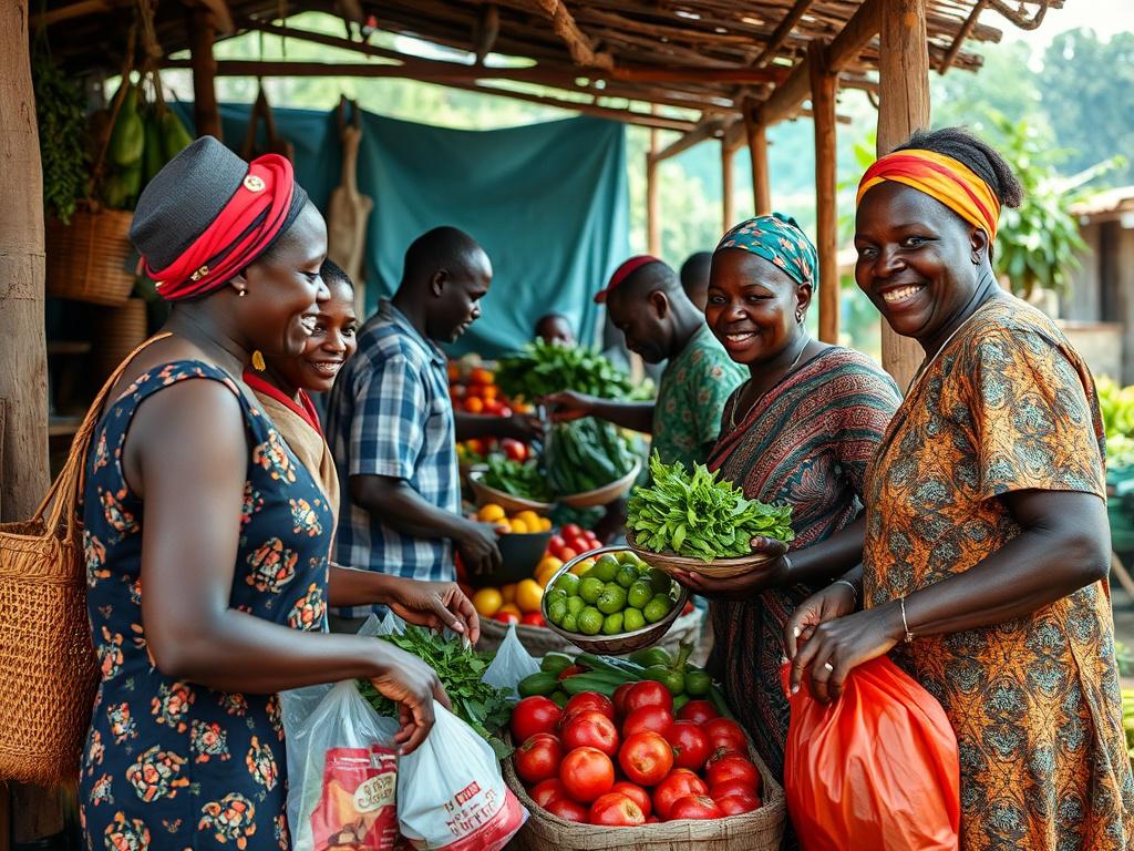 A realistic image of a Ghanaian market scene showing consumers